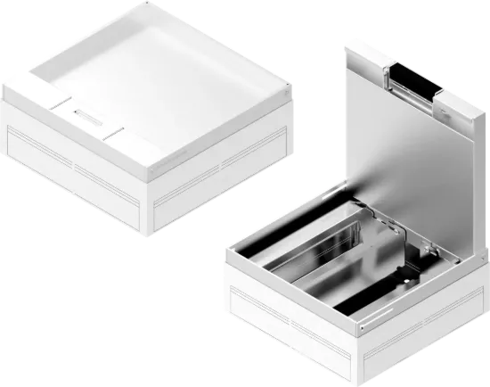 Зображення Коробка оцинкована з блокуванням відкривання та кришкою з нержавіючої сталі для підлогової кабельної каналізації POKZ280H110WE (232831)